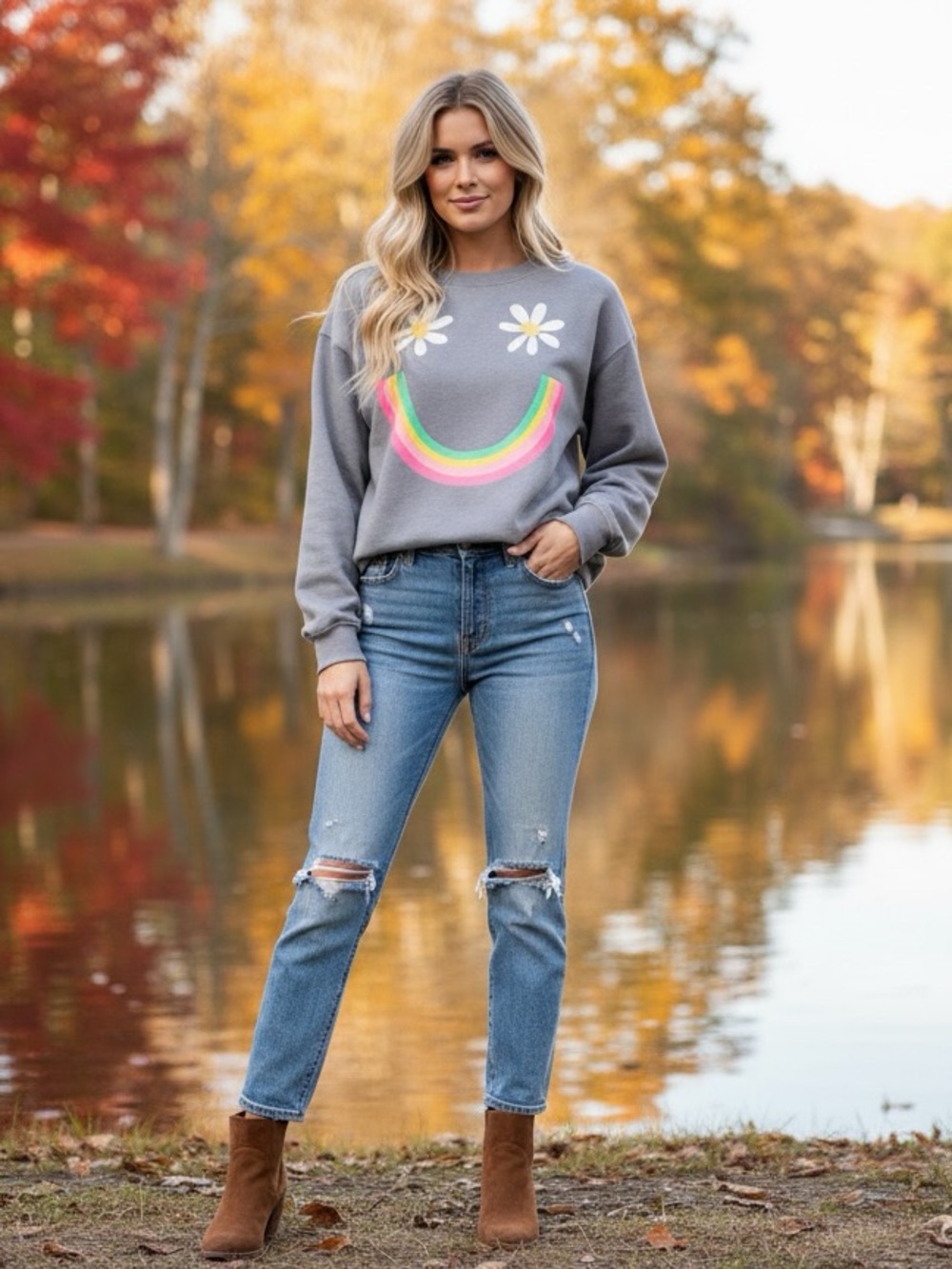Natural Life Taupe Daisy Rainbow Smile Sweatshirt Size M